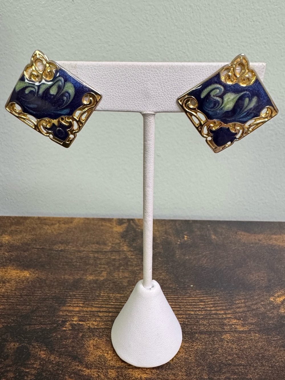 Vintage Gold-Tone Navy and Olive Swirl Enamel Clip-On Earrings